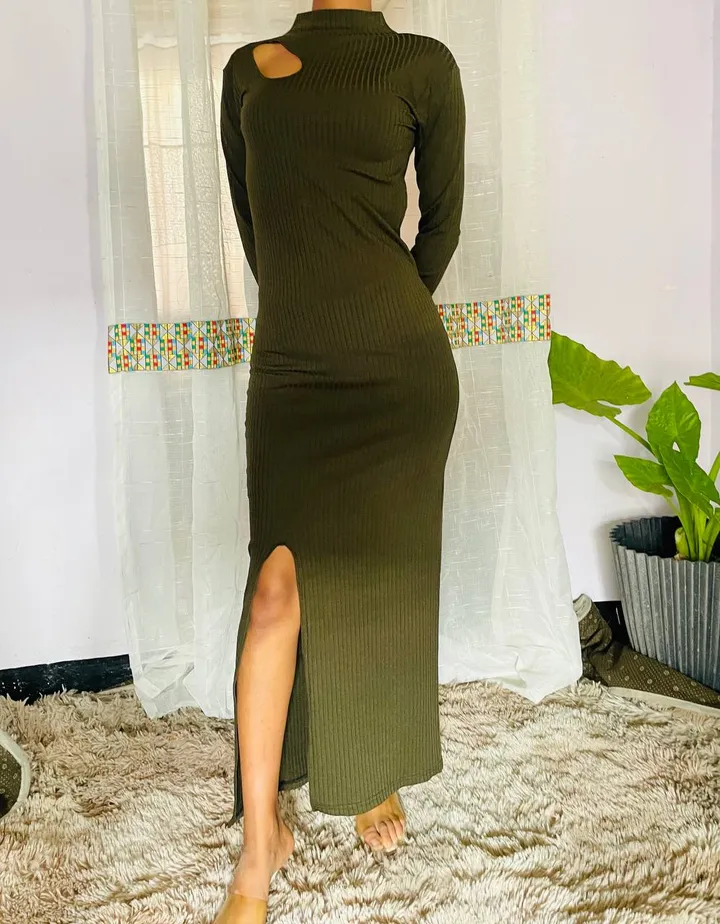 Olive Green Ribbed Long Dress – photo 3
