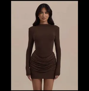 Brown Long Sleeve Ruched Mini Dress