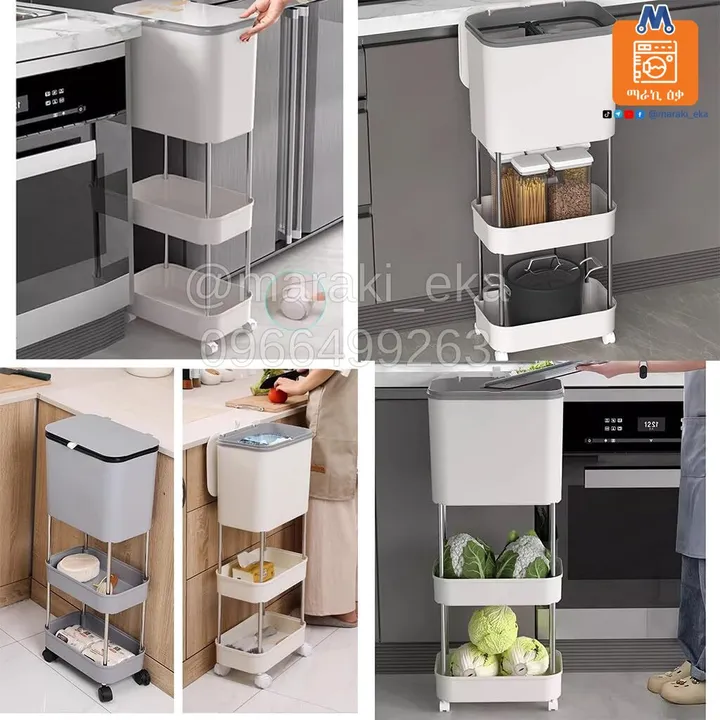 3-Layer Kitchen Storage Rack with Trash Bin – photo 3